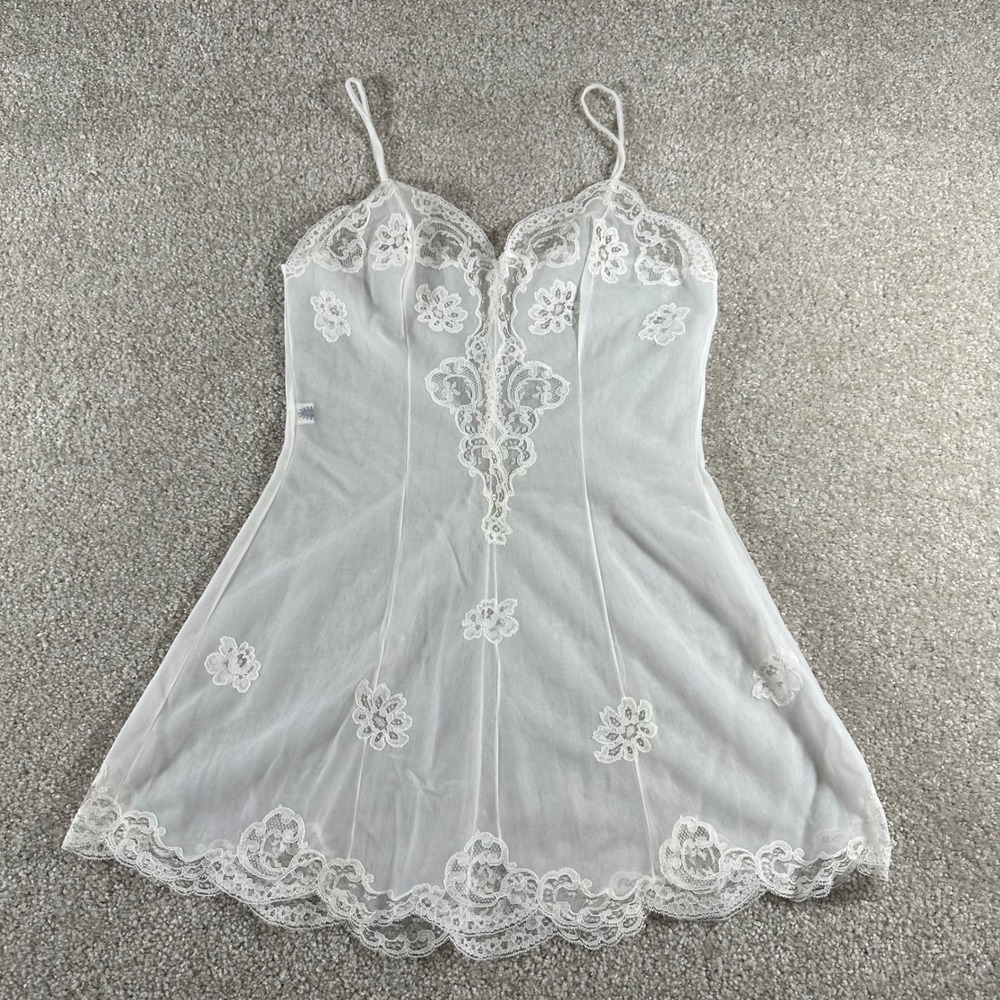 Habella White Mesh Lace Floral Embroidery Chemise Nightgown Small Vintage Style